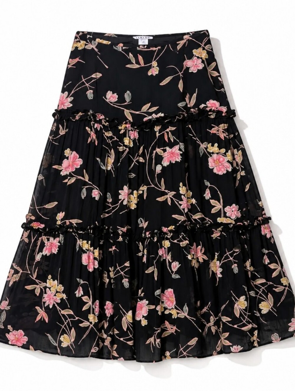 Seeler Vintage 90's Chiffon Sheer Floral Midi Skirt Tiered Full Flowy Size 16